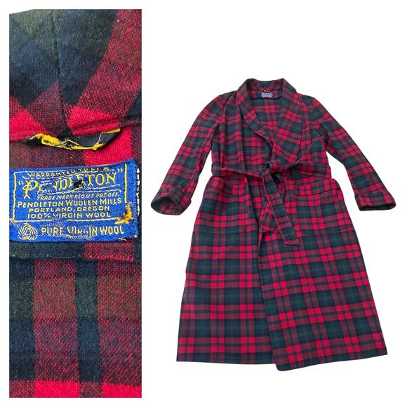 Vintage Pendleton Wool Plaid Robe Coat | Red Tartan Housecoat / Medium - - Picture 1 of 4